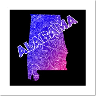 Colorful mandala art map of Alabama with text in blue and violet Posters and Art